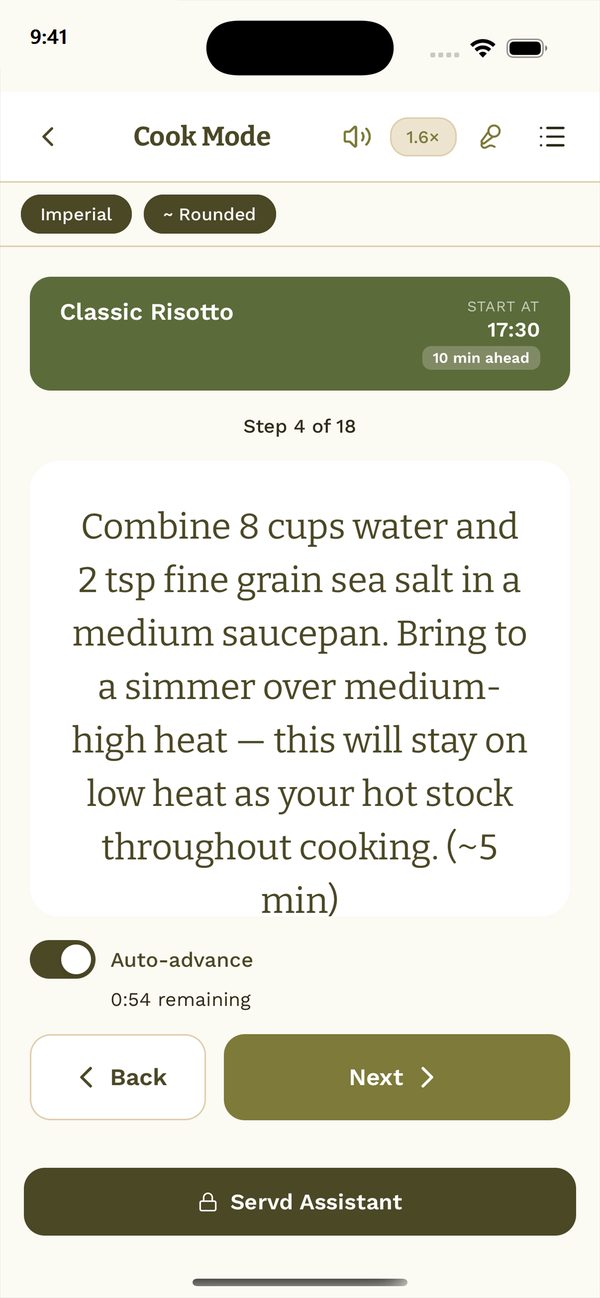 Cook Mode showing one step at a time with a large instruction and timer