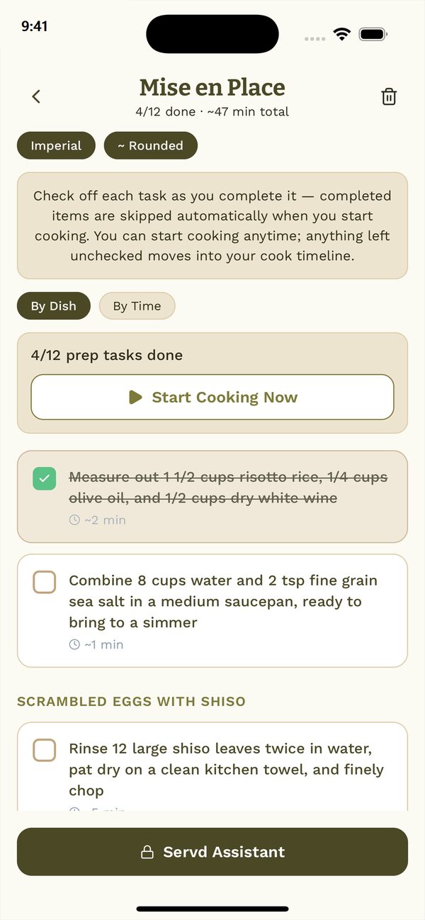 Mise en place list of prep tasks grouped by dish