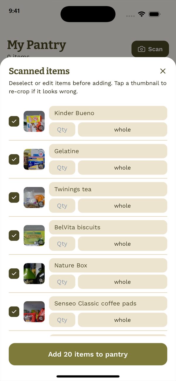 Pantry scan results listing items found in a photo