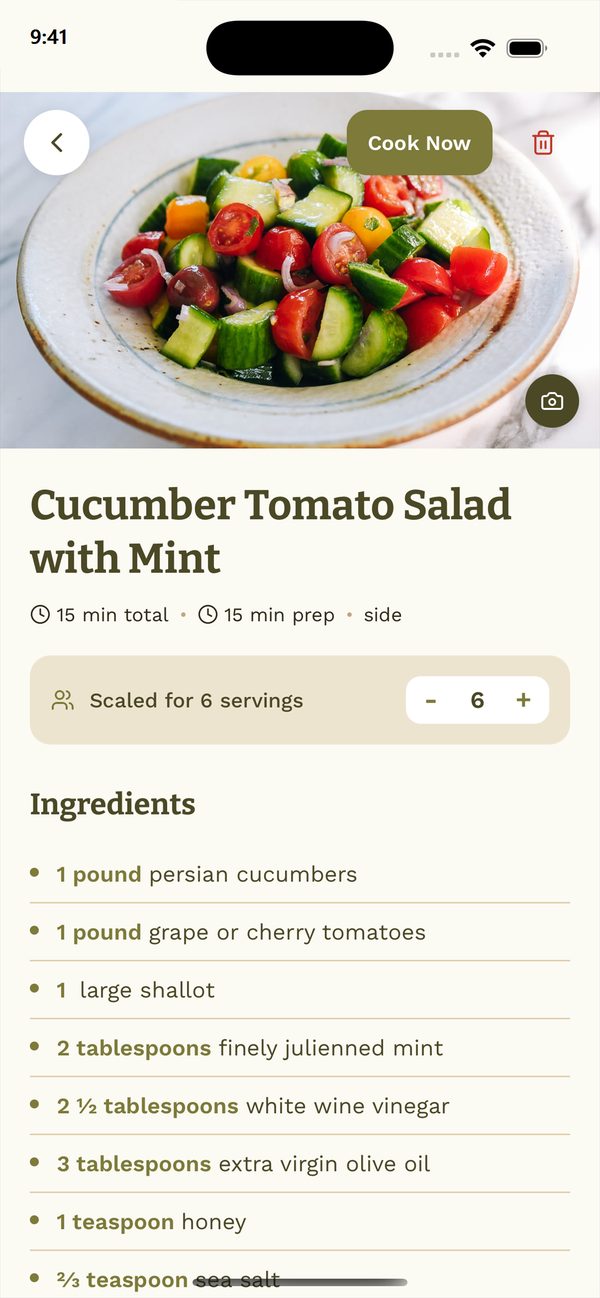 An imported recipe with ingredients scaled for six servings
